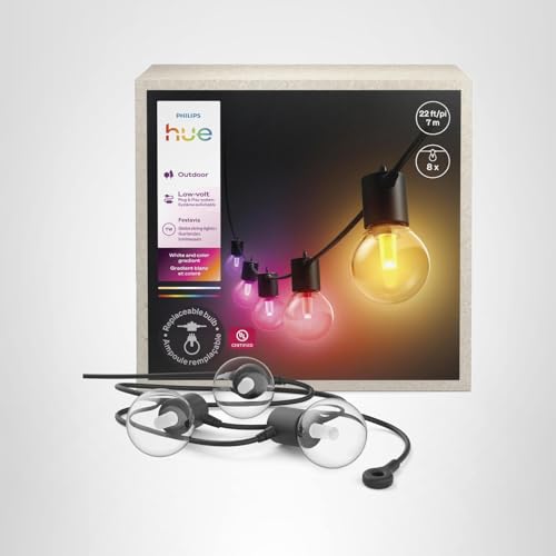 Philips Hue Festavia Globe Outdoor String Lights, White & Color Ambiance, 22ft,8 Bulbs, Dimmable, Control with Hue App or Voice, Bridge Required
