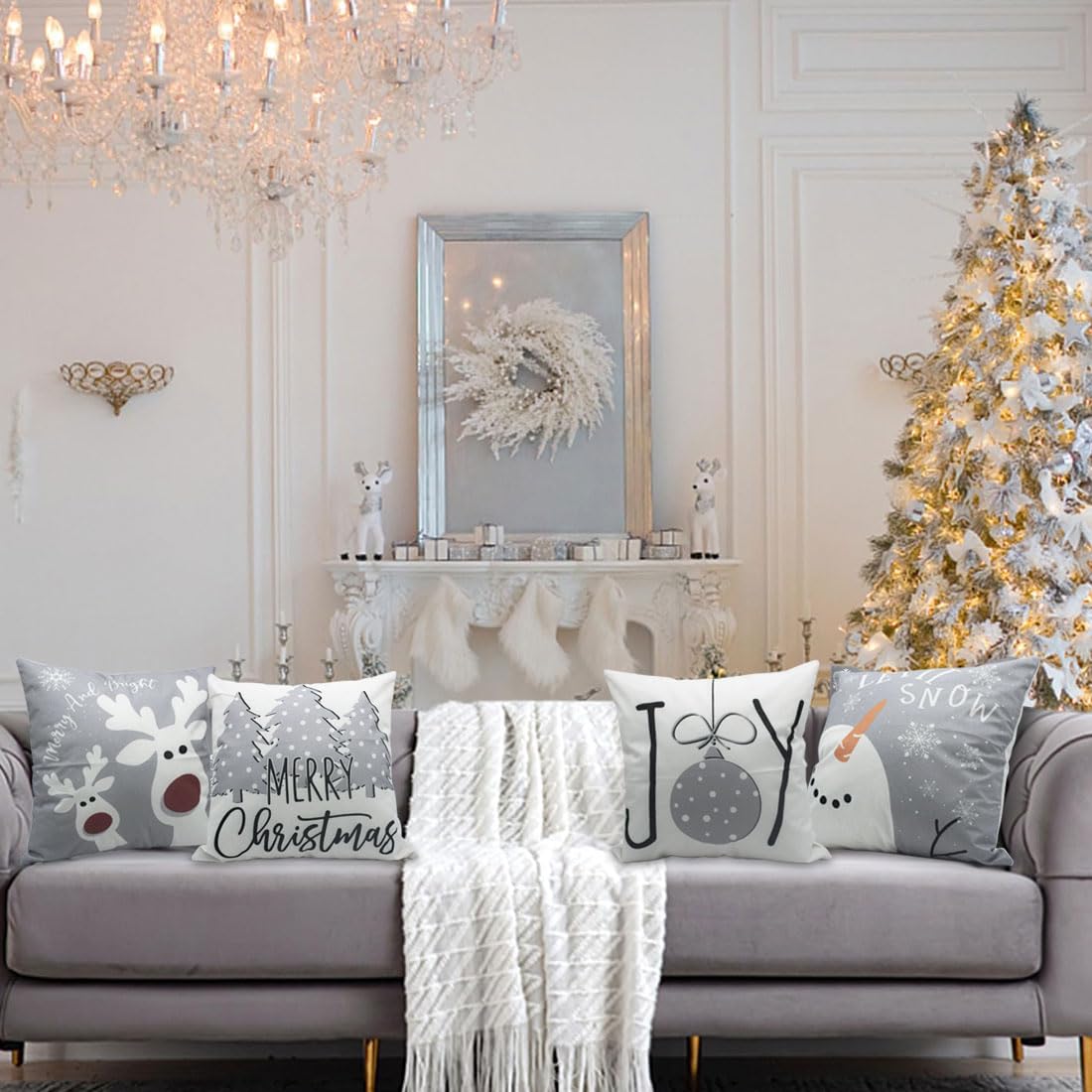 PSDWETS Merry Christmas Pillow Covers 18x18 Set of 4 Christmas Decorations Snowman Santa Claus Wreath Christmas Tree Winter Holiday Decor Throw Cushion Case for Home Couch