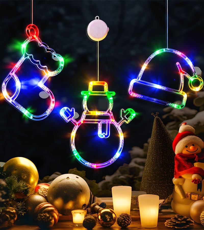 LOLStar Christmas Window Decorations,3 Pack Jingling Bell,Christmas Tree,Snowflake Christmas Window Lights with Suction Cup, Timer Function & Slow Fade Mode Battery Operated Indoor Lights