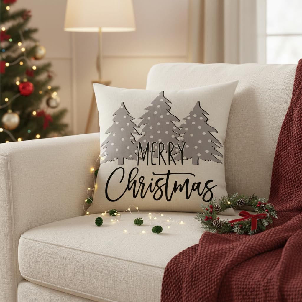 PSDWETS Merry Christmas Pillow Covers 18x18 Set of 4 Christmas Decorations Snowman Santa Claus Wreath Christmas Tree Winter Holiday Decor Throw Cushion Case for Home Couch
