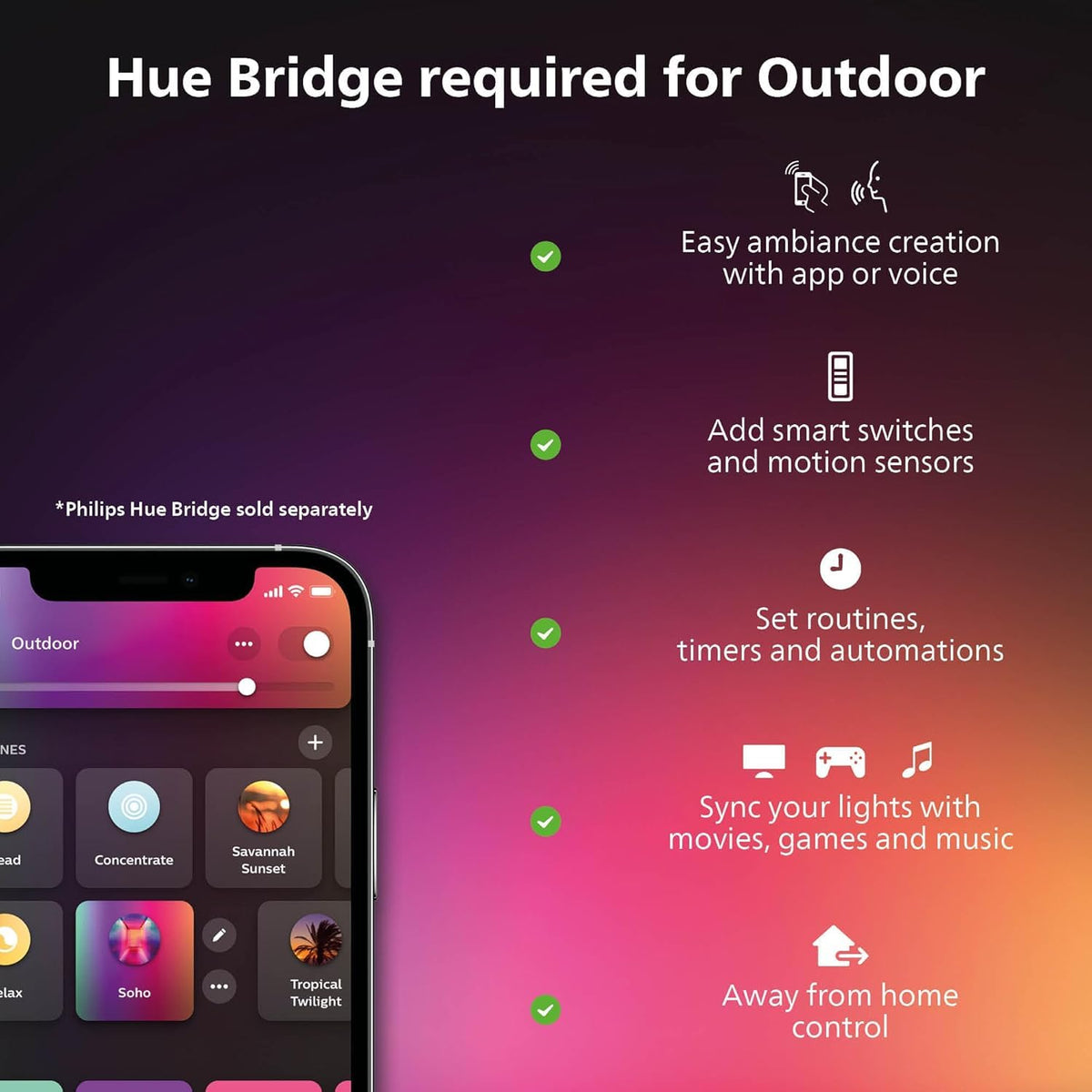 Philips Hue Festavia Globe Outdoor String Lights, White & Color Ambiance, 22ft,8 Bulbs, Dimmable, Control with Hue App or Voice, Bridge Required