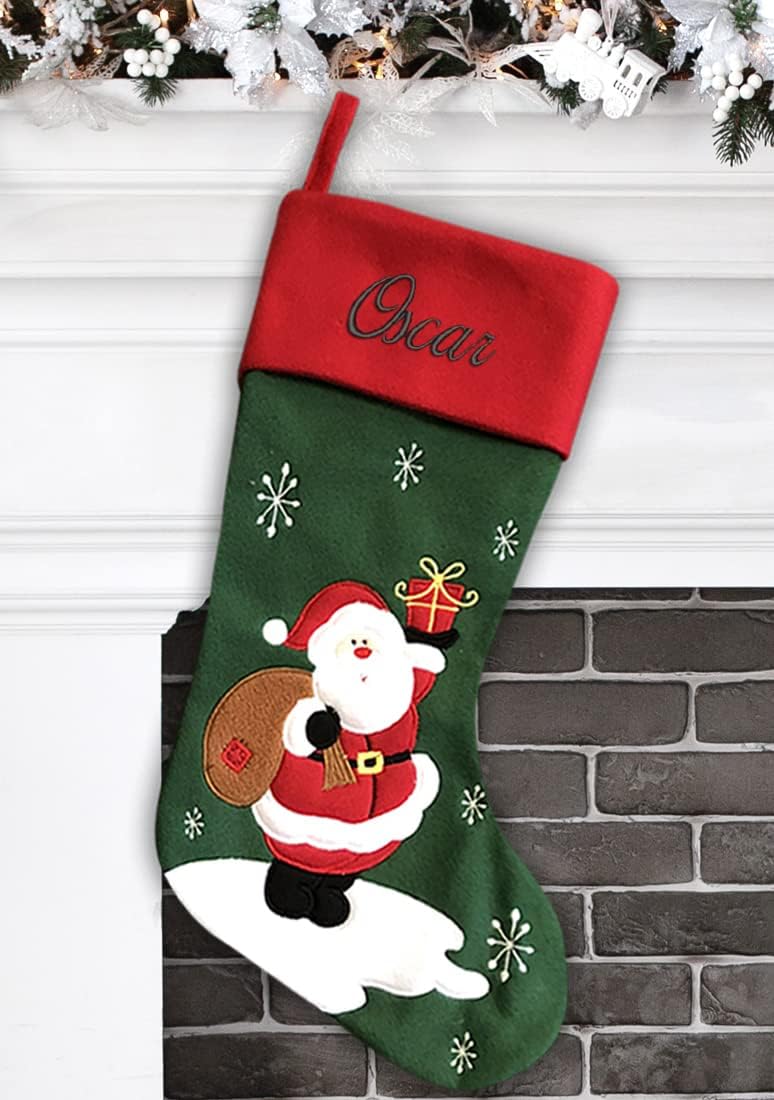 Personalized Christmas Stocking - Snowman Design - Embroidered Name - Large 18.5inch, Traditional Red and Green, Family Holiday Season Decor