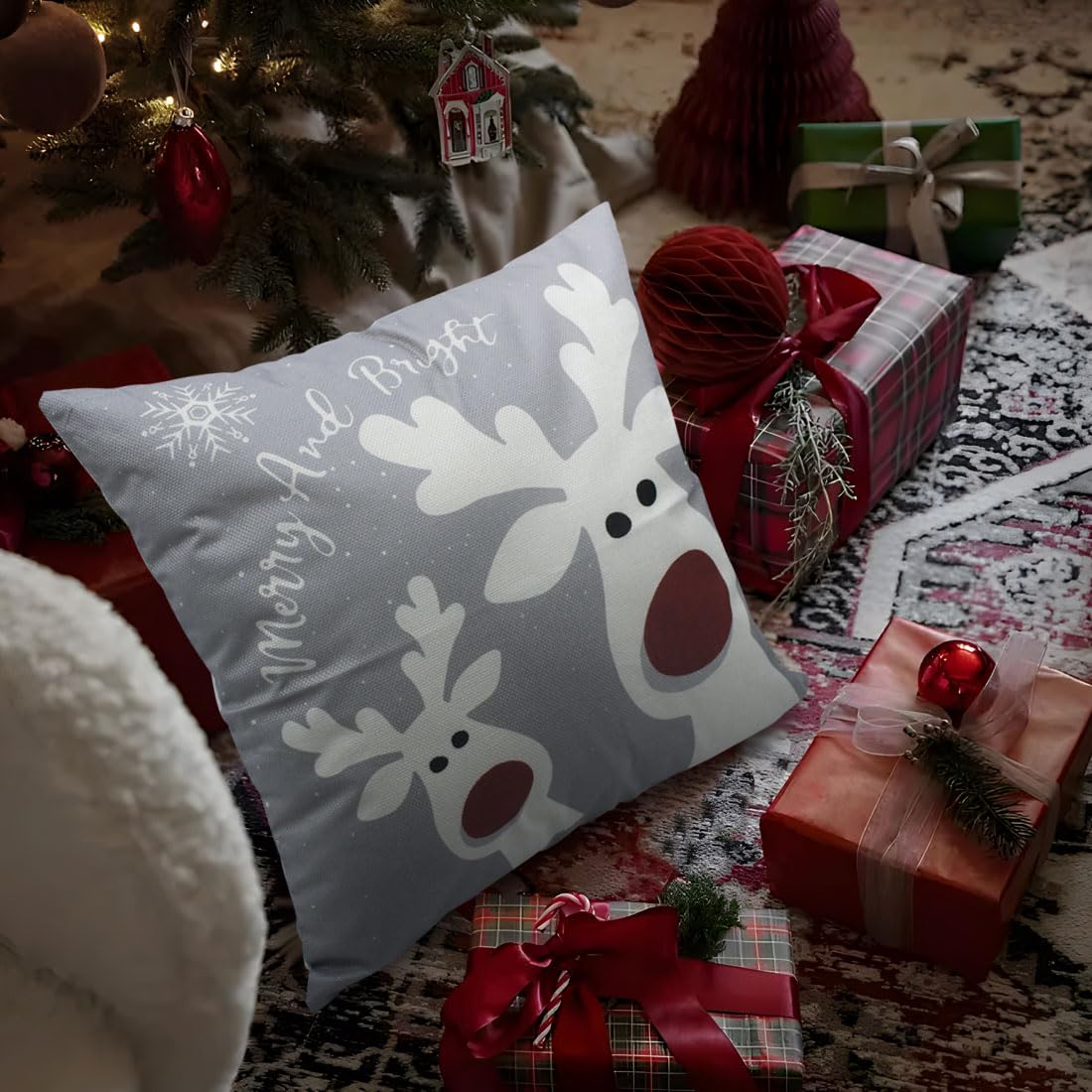 PSDWETS Merry Christmas Pillow Covers 18x18 Set of 4 Christmas Decorations Snowman Santa Claus Wreath Christmas Tree Winter Holiday Decor Throw Cushion Case for Home Couch