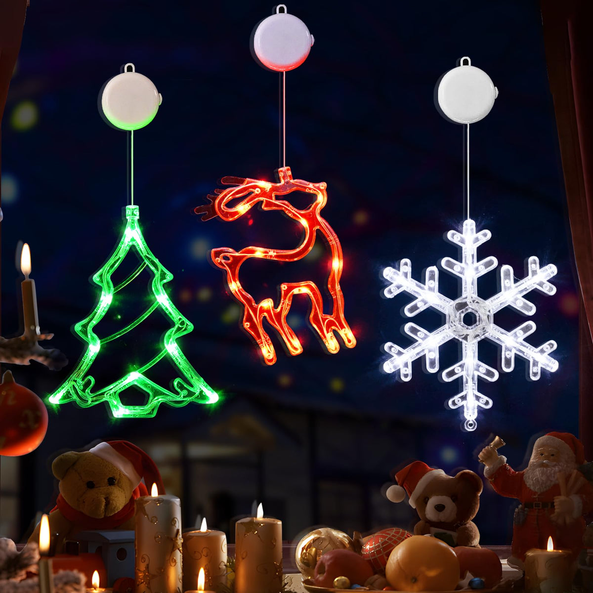 LOLStar Christmas Window Decorations,3 Pack Jingling Bell,Christmas Tree,Snowflake Christmas Window Lights with Suction Cup, Timer Function & Slow Fade Mode Battery Operated Indoor Lights