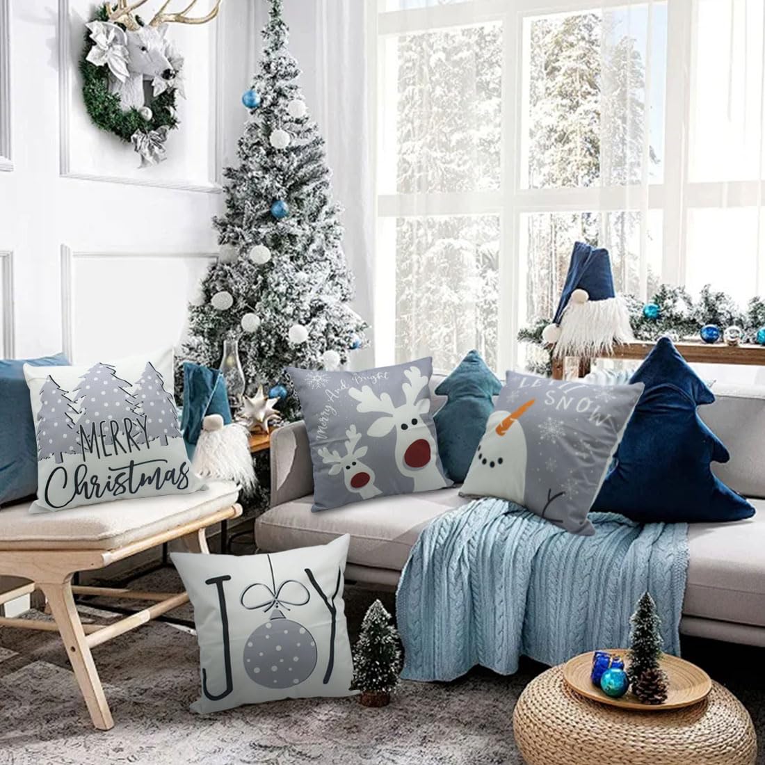 PSDWETS Merry Christmas Pillow Covers 18x18 Set of 4 Christmas Decorations Snowman Santa Claus Wreath Christmas Tree Winter Holiday Decor Throw Cushion Case for Home Couch