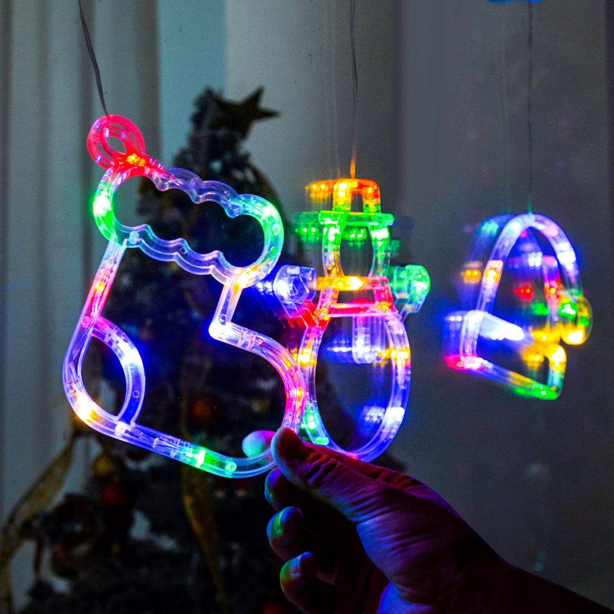 LOLStar Christmas Window Decorations,3 Pack Jingling Bell,Christmas Tree,Snowflake Christmas Window Lights with Suction Cup, Timer Function & Slow Fade Mode Battery Operated Indoor Lights