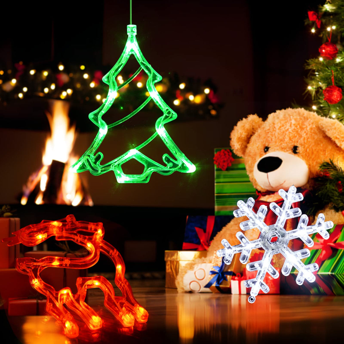 LOLStar Christmas Window Decorations,3 Pack Jingling Bell,Christmas Tree,Snowflake Christmas Window Lights with Suction Cup, Timer Function & Slow Fade Mode Battery Operated Indoor Lights