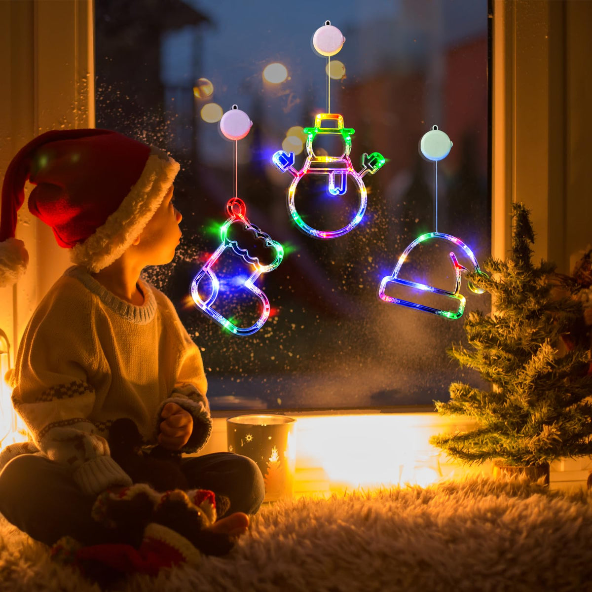 LOLStar Christmas Window Decorations,3 Pack Jingling Bell,Christmas Tree,Snowflake Christmas Window Lights with Suction Cup, Timer Function & Slow Fade Mode Battery Operated Indoor Lights