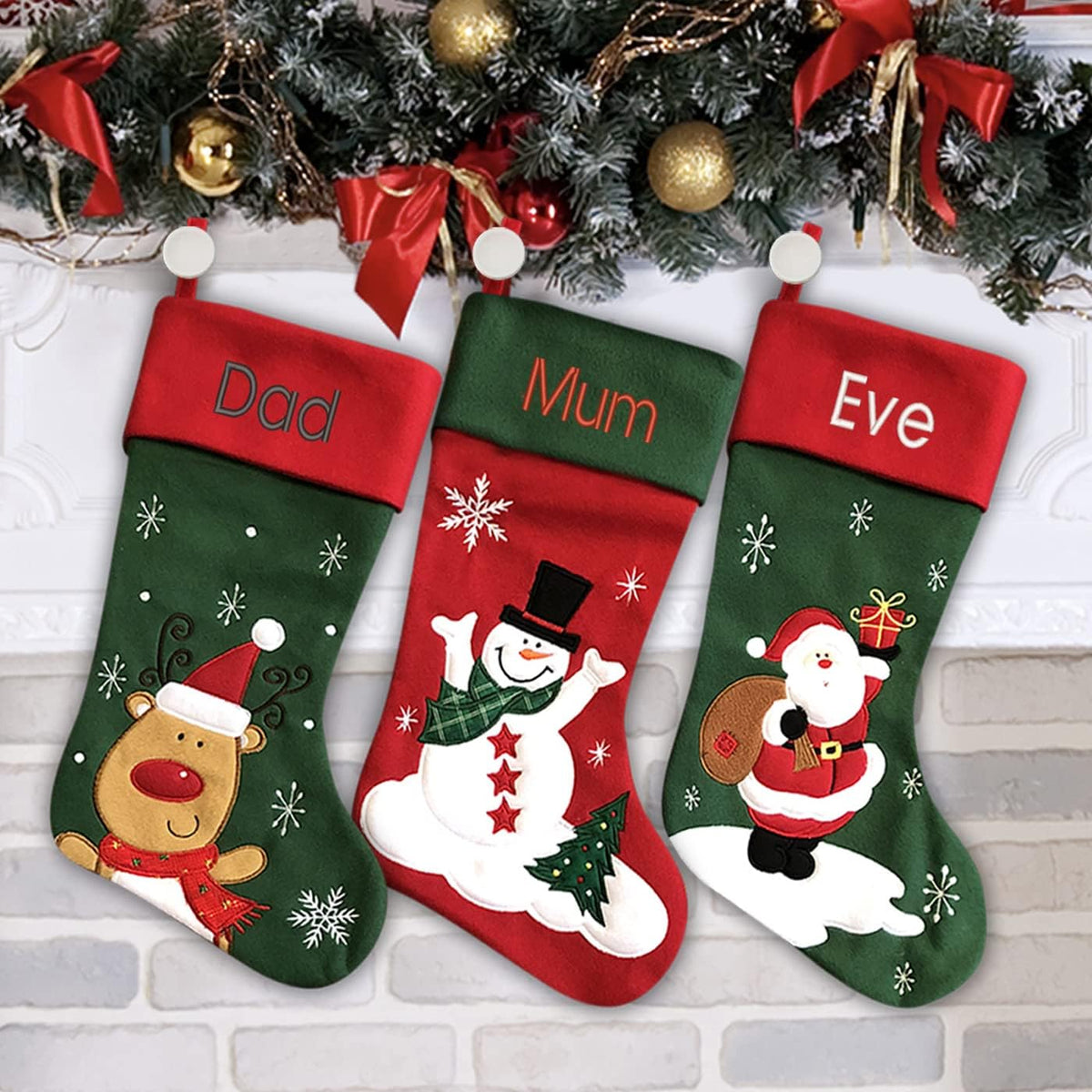 Personalized Christmas Stocking - Snowman Design - Embroidered Name - Large 18.5inch, Traditional Red and Green, Family Holiday Season Decor
