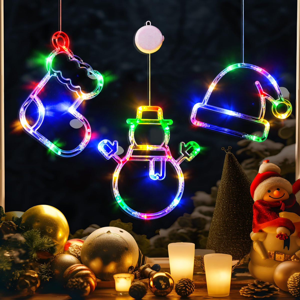 LOLStar Christmas Window Decorations,3 Pack Jingling Bell,Christmas Tree,Snowflake Christmas Window Lights with Suction Cup, Timer Function & Slow Fade Mode Battery Operated Indoor Lights