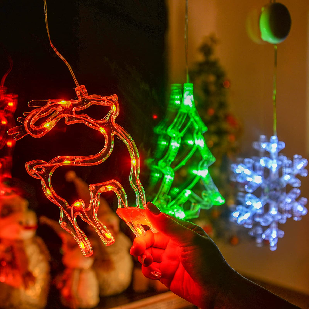 LOLStar Christmas Window Decorations,3 Pack Jingling Bell,Christmas Tree,Snowflake Christmas Window Lights with Suction Cup, Timer Function & Slow Fade Mode Battery Operated Indoor Lights