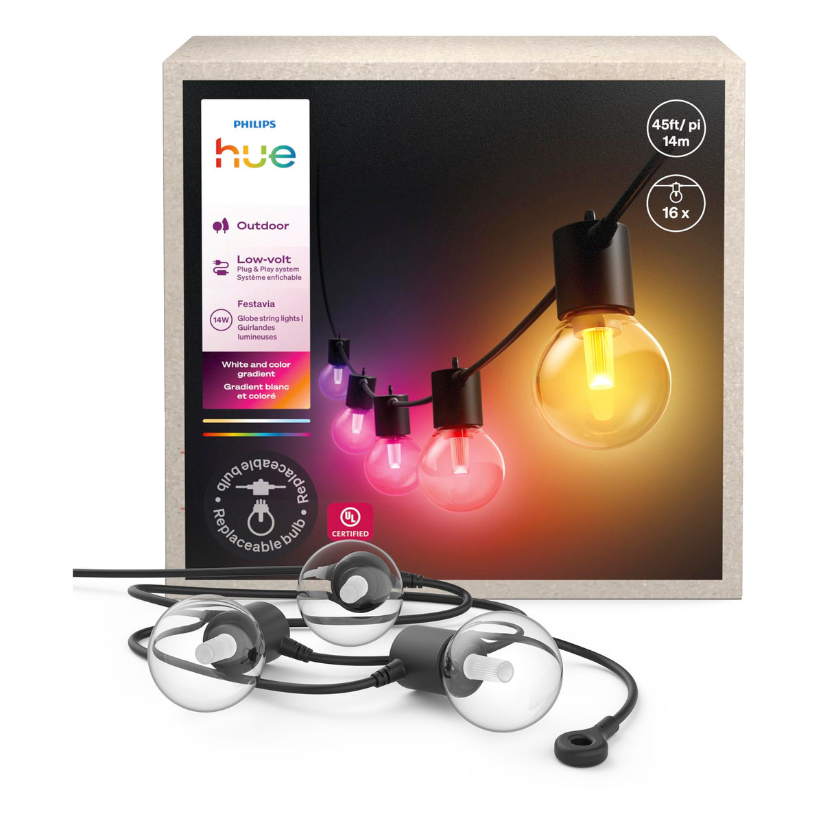 Philips Hue Festavia Globe Outdoor String Lights, White & Color Ambiance, 22ft,8 Bulbs, Dimmable, Control with Hue App or Voice, Bridge Required