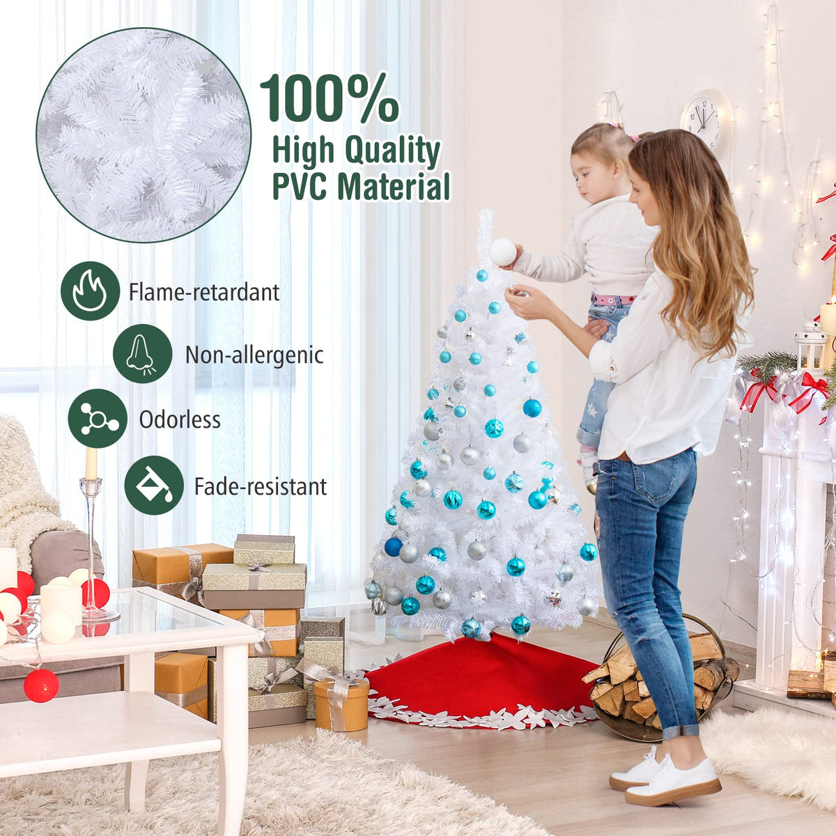 COSTWAY 6Ft-Artificial-PVC-Christmas-Tree-W-Stand-Holiday-Season-Indoor-Outdoor-White