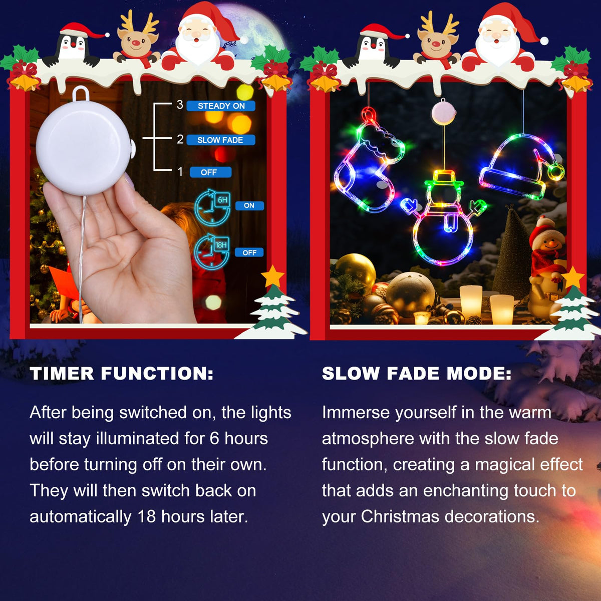LOLStar Christmas Window Decorations,3 Pack Jingling Bell,Christmas Tree,Snowflake Christmas Window Lights with Suction Cup, Timer Function & Slow Fade Mode Battery Operated Indoor Lights