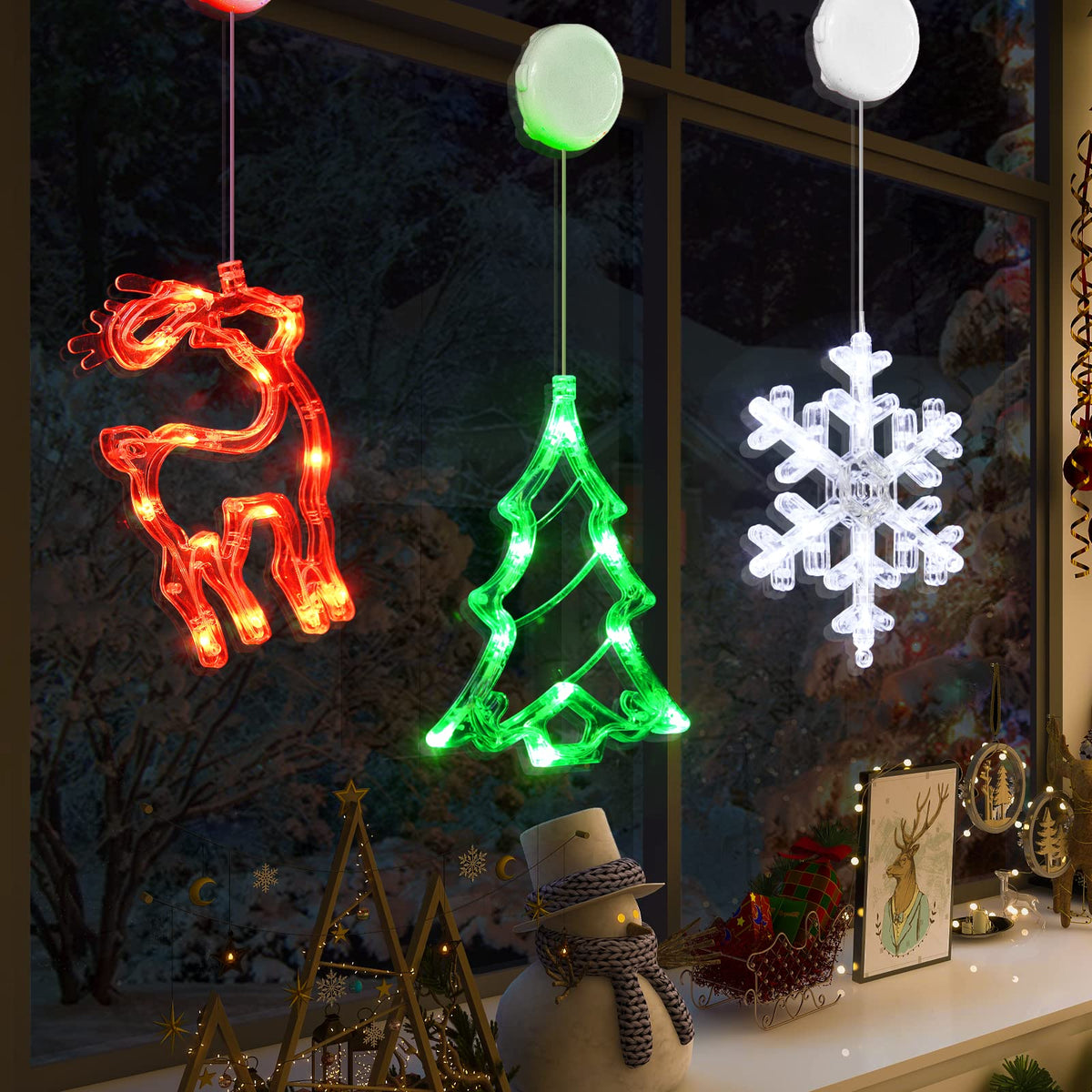 LOLStar Christmas Window Decorations,3 Pack Jingling Bell,Christmas Tree,Snowflake Christmas Window Lights with Suction Cup, Timer Function & Slow Fade Mode Battery Operated Indoor Lights