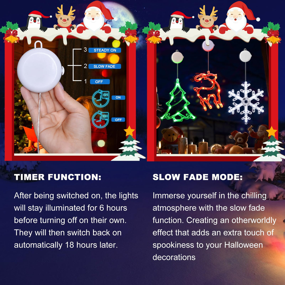 LOLStar Christmas Window Decorations,3 Pack Jingling Bell,Christmas Tree,Snowflake Christmas Window Lights with Suction Cup, Timer Function & Slow Fade Mode Battery Operated Indoor Lights
