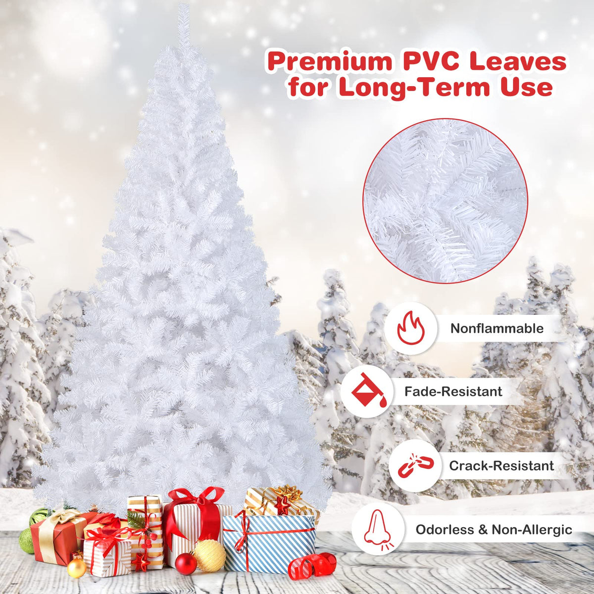 COSTWAY 6Ft-Artificial-PVC-Christmas-Tree-W-Stand-Holiday-Season-Indoor-Outdoor-White