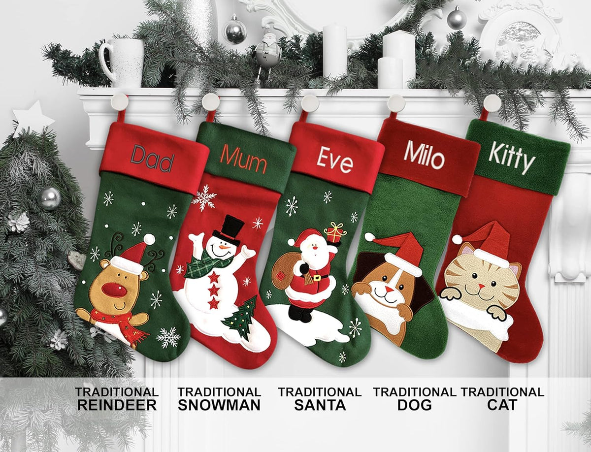 Personalized Christmas Stocking - Snowman Design - Embroidered Name - Large 18.5inch, Traditional Red and Green, Family Holiday Season Decor