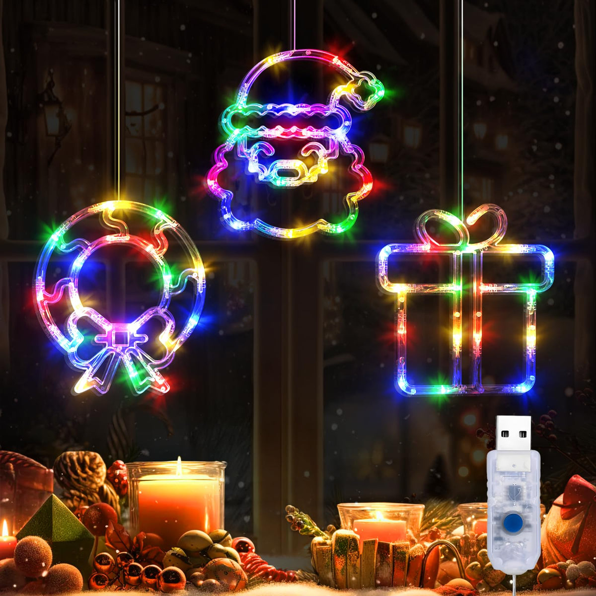 LOLStar Christmas Window Decorations,3 Pack Jingling Bell,Christmas Tree,Snowflake Christmas Window Lights with Suction Cup, Timer Function & Slow Fade Mode Battery Operated Indoor Lights