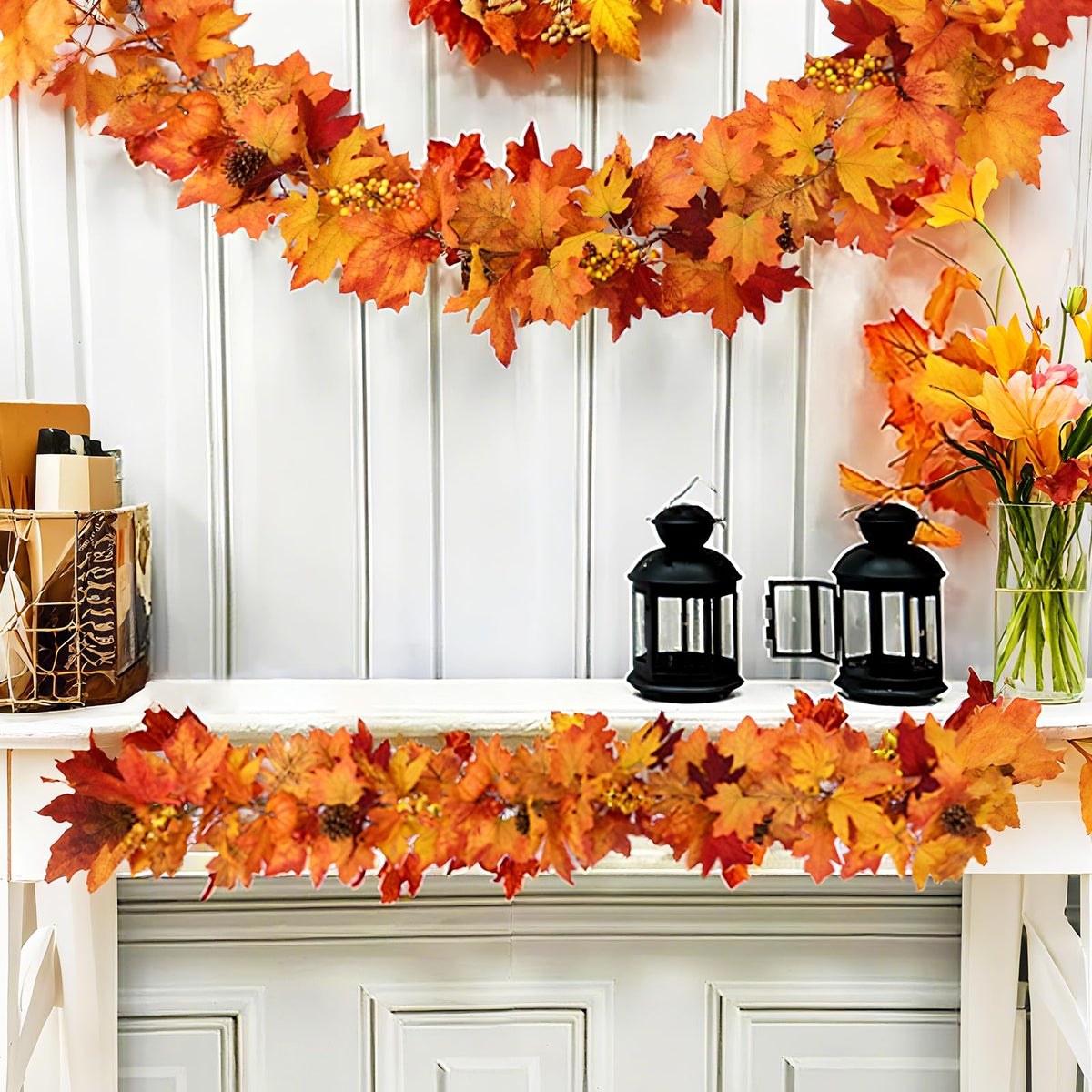 Maple Leaf Garland, 2 Pack Artificial Fall Leaves Garland 5.9Ft/Pieces Fall Decor Autumn Thanksgiving Decor (Apricot)