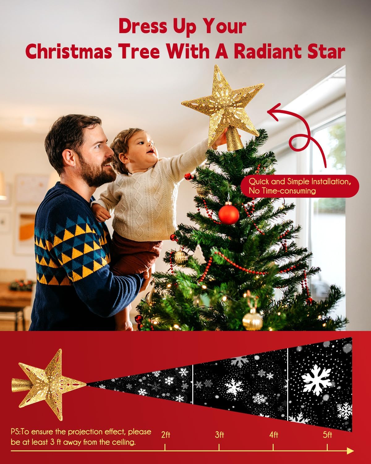 Christmas Star Tree Topper with Built-in Led Snowflake Projector Lights Hollowed Pentagram Tree Topper,Plug in Christmas Tree Ornament for Indoor Office Xmas New Year Holiday Tree Decoration